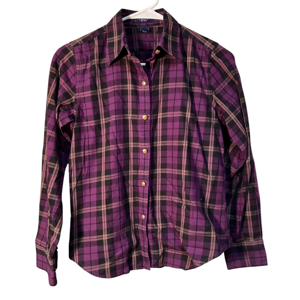 Chaps Women's Size Petite Small Button Down Shirt Dark Purple Black Plaid Gold
